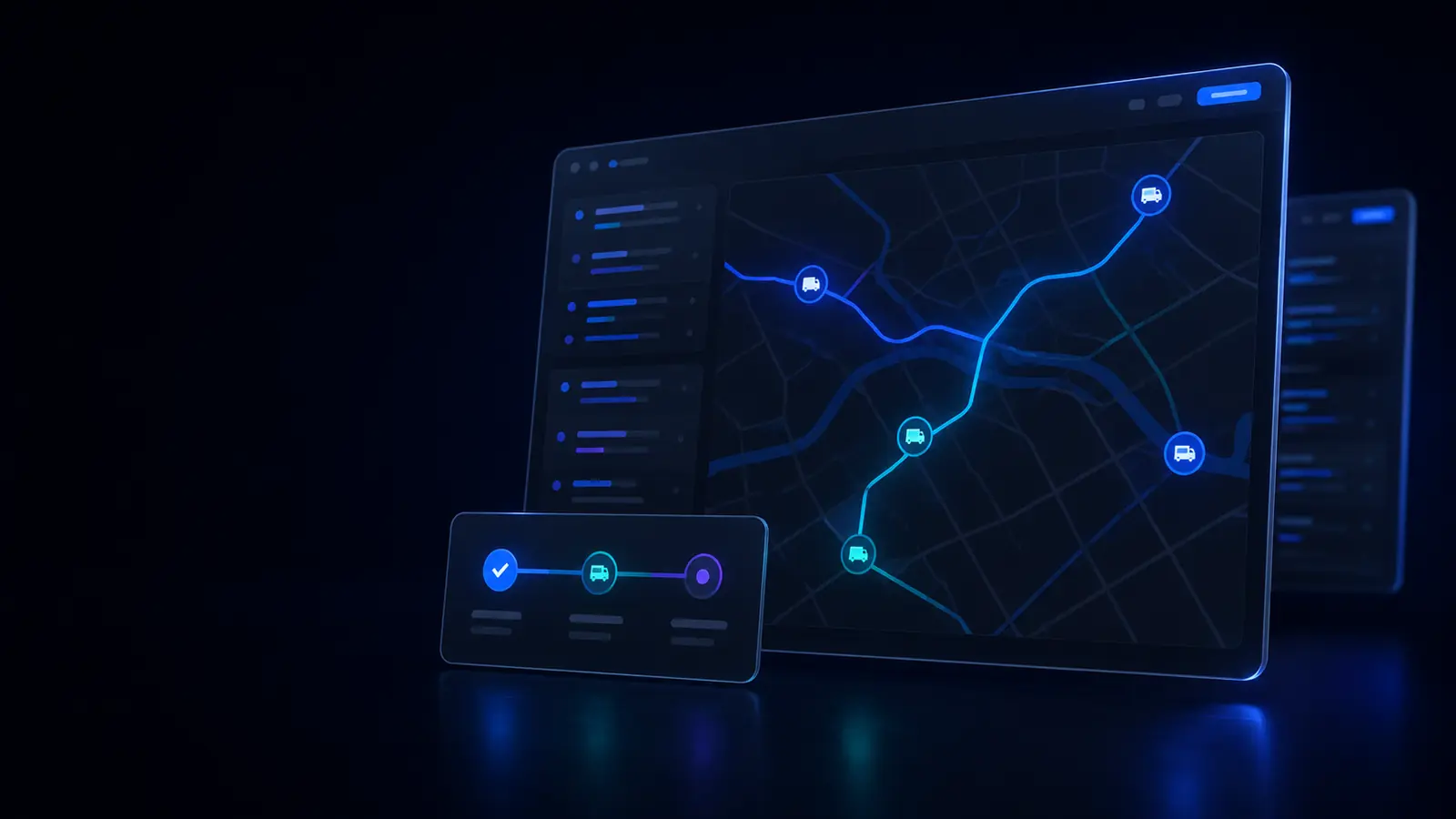 Modelo de plataforma de logística: mapa com rotas destacadas, marcadores de veículos e cartão com a linha do tempo da entrega.